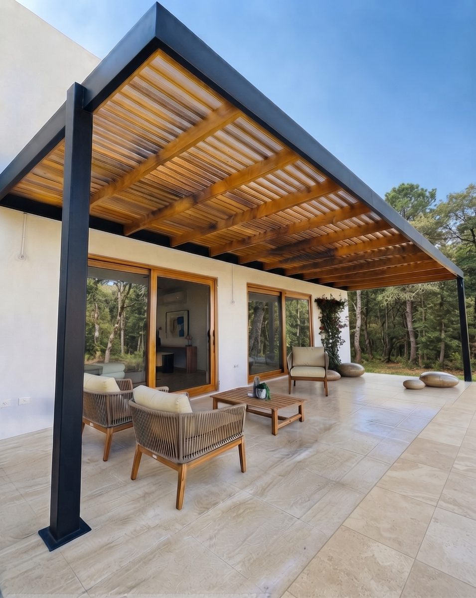 Pérgola de estructura metálica negra con vigas y listones de madera y cubierta de policarbonato, adosada a una casa