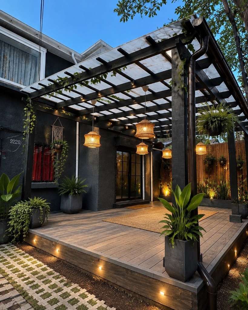 Pérgola de madera oscura con costaneras sobre un deck, iluminada al atardecer