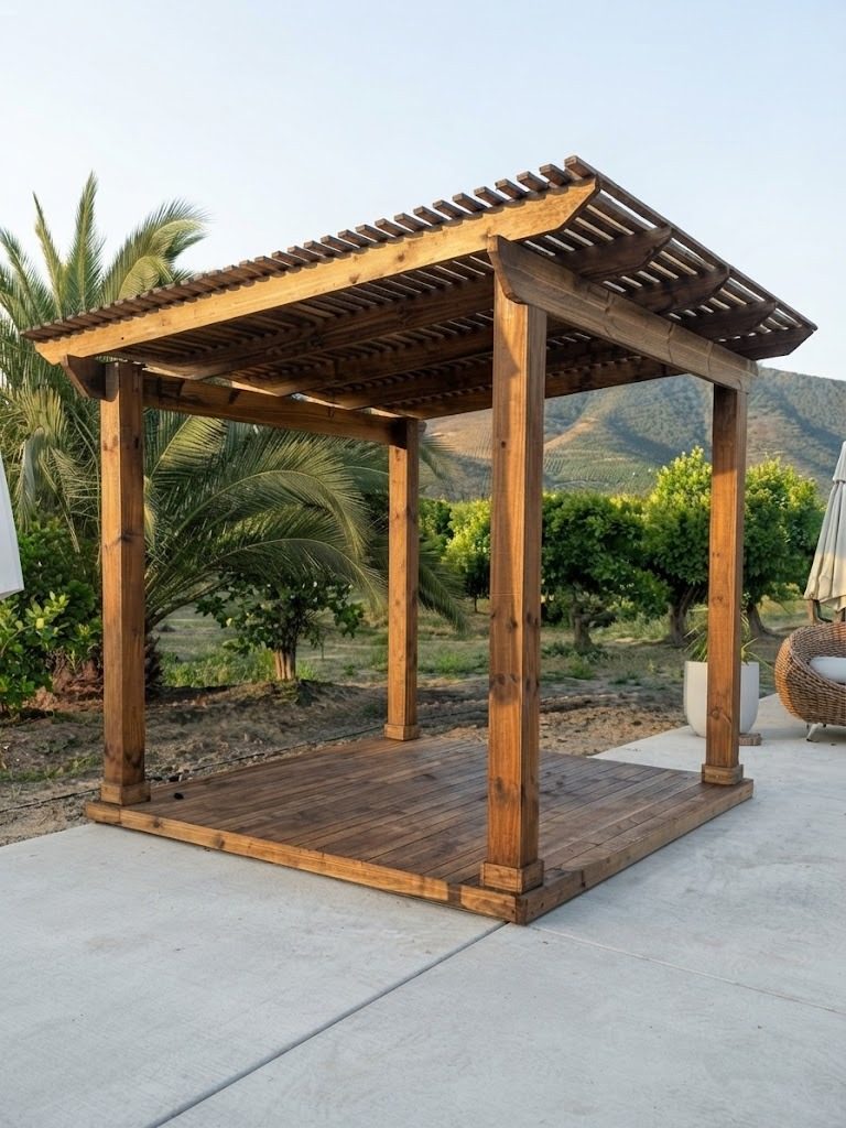 Pérgola de madera con empalillado a la vista, sin techumbre y con piso de terraza, entre naranjos y con los cerros al fondo