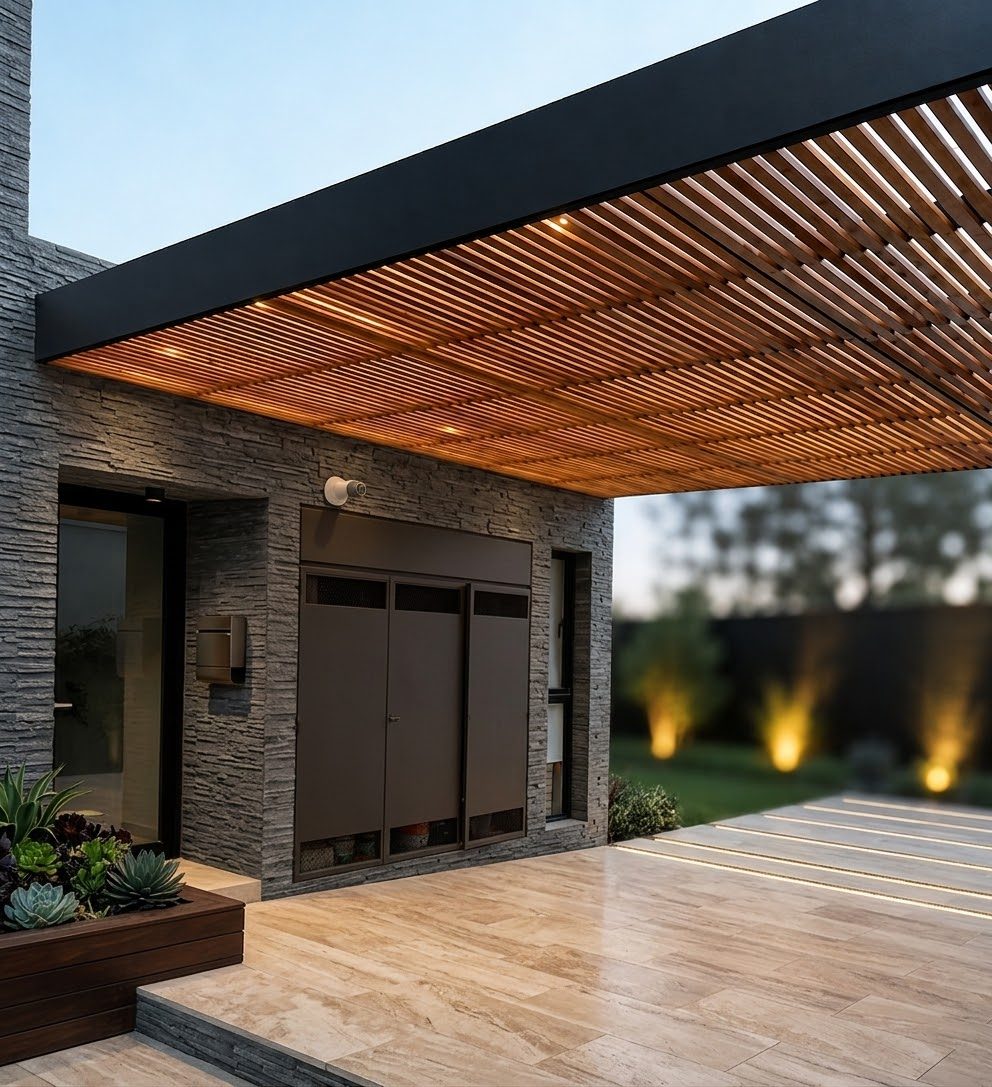 Pérgola metálica de borde negro con cielo de madera enlistonada
