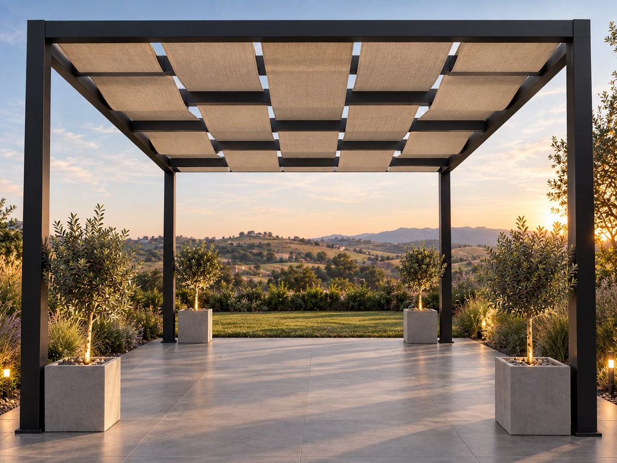 Pérgola metálica negra con lonas beige entrelazadas entre las vigas, al atardecer