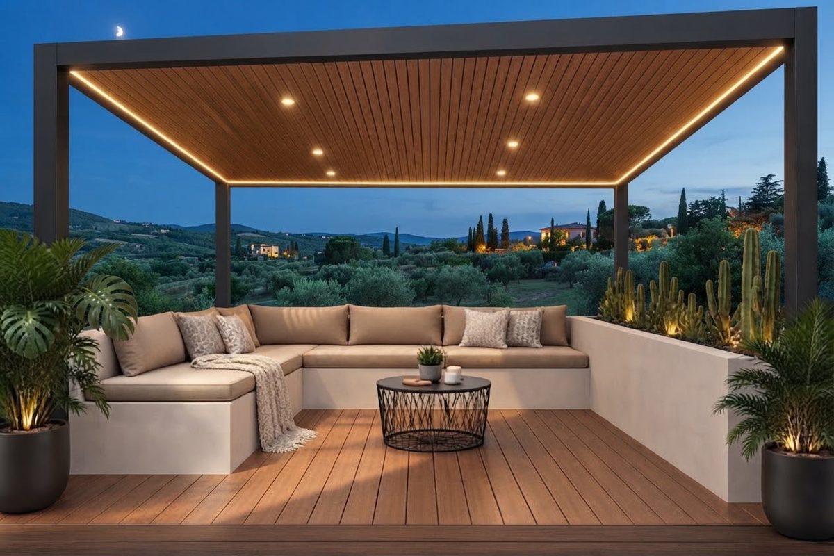 Pérgola metálica con cielo de wall panel, focos empotrados y LED perimetral cálido sobre un deck de madera, al atardecer