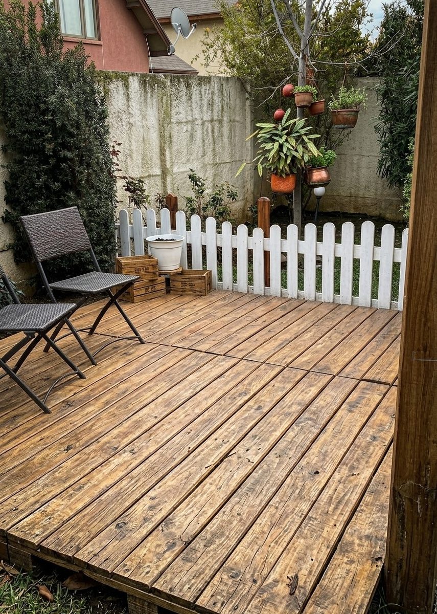 Terraza de palets de día, con reja blanca y jardín