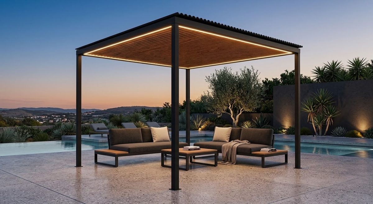 Pérgola metálica negra con cielo de wall panel, LED perimetral cálido y cubierta de zinc negro, junto a una piscina al atardecer