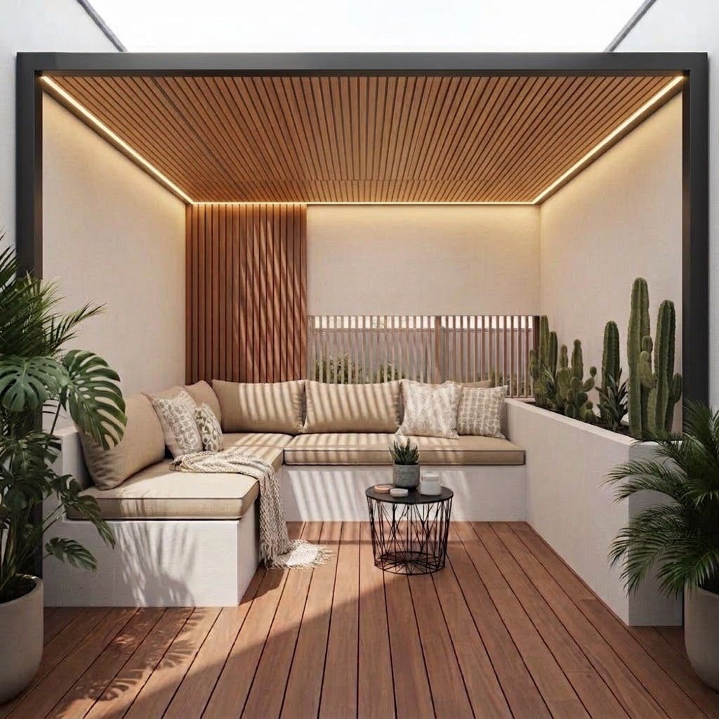 Pérgola con cielo wall panel e iluminación LED